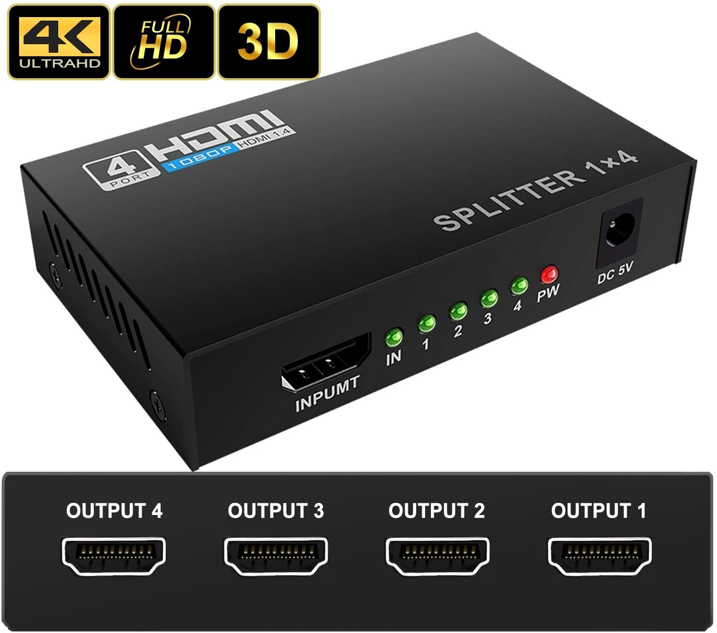 Hdmi Splitter 1 In 4 Out Powered 1x4 Ports 1 Input To 4 Outputs Only