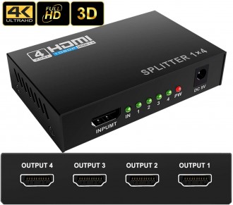 HDMI Splitter 1 in 4 Out Powered 1x4 Ports (1 Input to 4 Outputs)